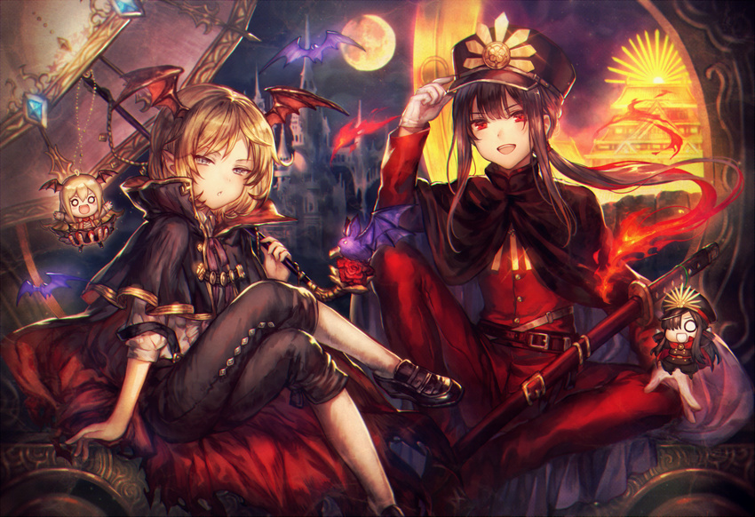adjusting_clothes adjusting_hat arm_support bat bat_wings black_hair black_legwear black_skirt blonde_hair blue_eyes cape capelet character_doll collared_shirt commentary_request couch crossed_legs family_crest fang fate/grand_order fate_(series) frilled_skirt frills full_moon gloves granblue_fantasy hat head_wings highres keikenchi_(style) koha-ace long_hair long_sleeves looking_at_viewer military military_hat military_uniform moon multiple_boys night night_sky oda_nobukatsu_(fate/grand_order) oda_nobunaga_(fate) oda_uri open_mouth pointy_ears ponytail red_eyes shadowverse shigaraki_(strobe_blue) shingeki_no_bahamut shirt short_hair sidelocks sitting skirt sky umbrella uniform vampire vampy veight white_gloves white_shirt wings