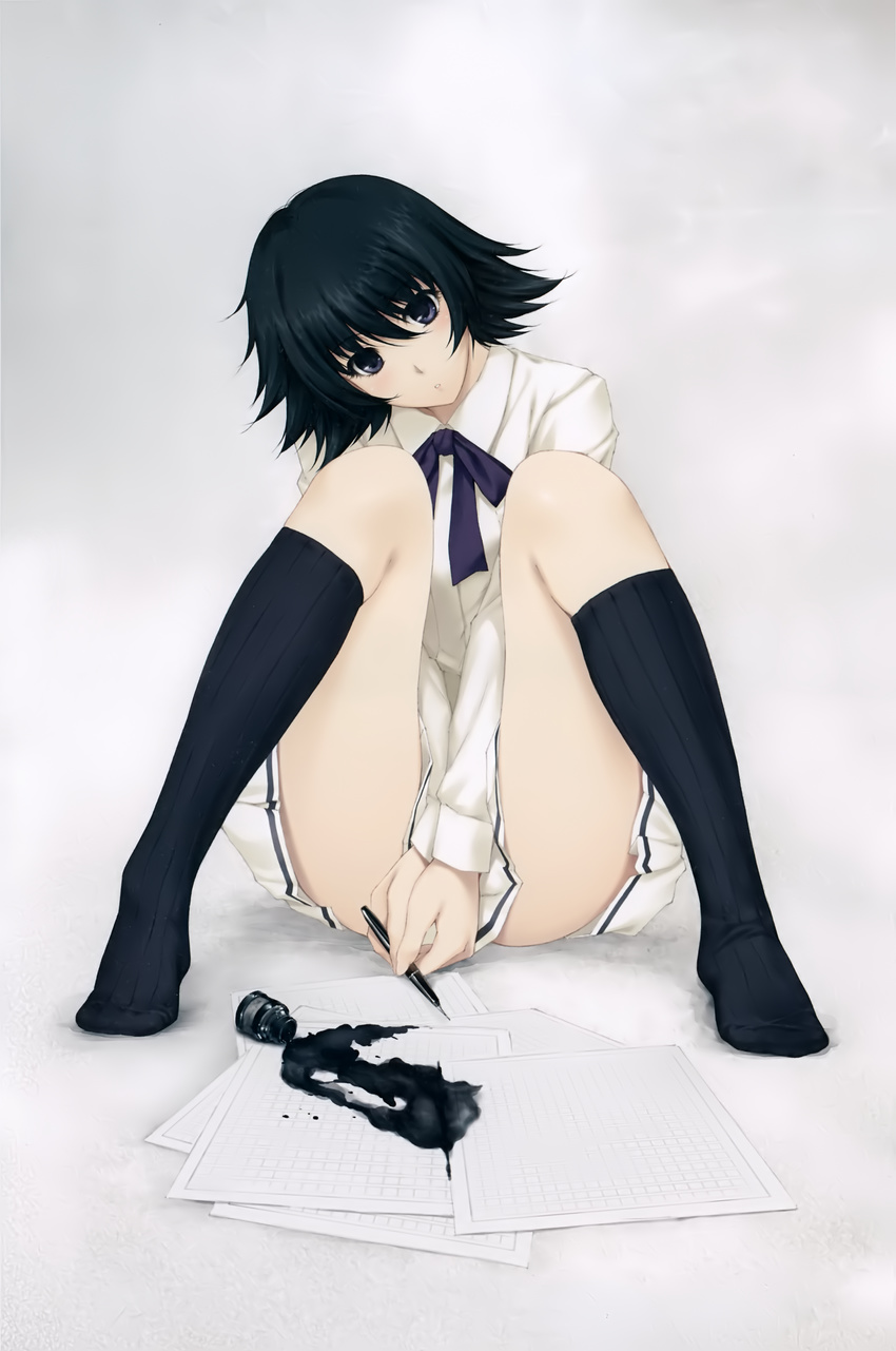 :o absurdres bangs between_legs black_hair black_legwear blue_eyes blue_ribbon blush covering covering_crotch dojikko error feet foreshortening fountain_pen full_body gradient gradient_background grey_background hair_between_eyes hand_between_legs head_tilt highres holding holding_pen ink ink_bottle innocent_grey kara_no_shoujo kneehighs legs legs_up long_sleeves looking_at_viewer open_mouth paper parted_lips pen ribbon scan school_uniform shirt short_hair sitting skirt socks solo spill sugina_miki thighs v_arms white_shirt white_skirt yosomiya_tsuzuriko