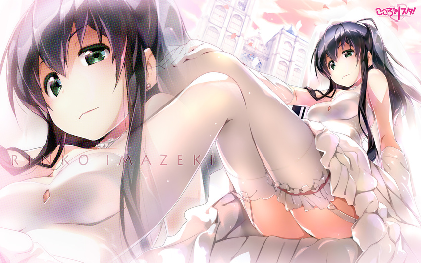 ahoge akata_itsuki arm_at_side ass bangs bare_shoulders black_hair breasts character_name closed_mouth cloud cloudy_sky collarbone copyright_name crossed_legs dress earrings elbow_gloves eyebrows_visible_through_hair garter_straps garters gloves green_eyes hair_between_eyes hand_on_own_knee highres jewelry kokoro_rista! legs long_hair looking_at_viewer medium_breasts necklace petals pink_lips red_ribbon ribbon rinko_imazeki sitting sky smile solo strapless strapless_dress stud_earrings thigh_ribbon thighhighs wedding_dress white_dress