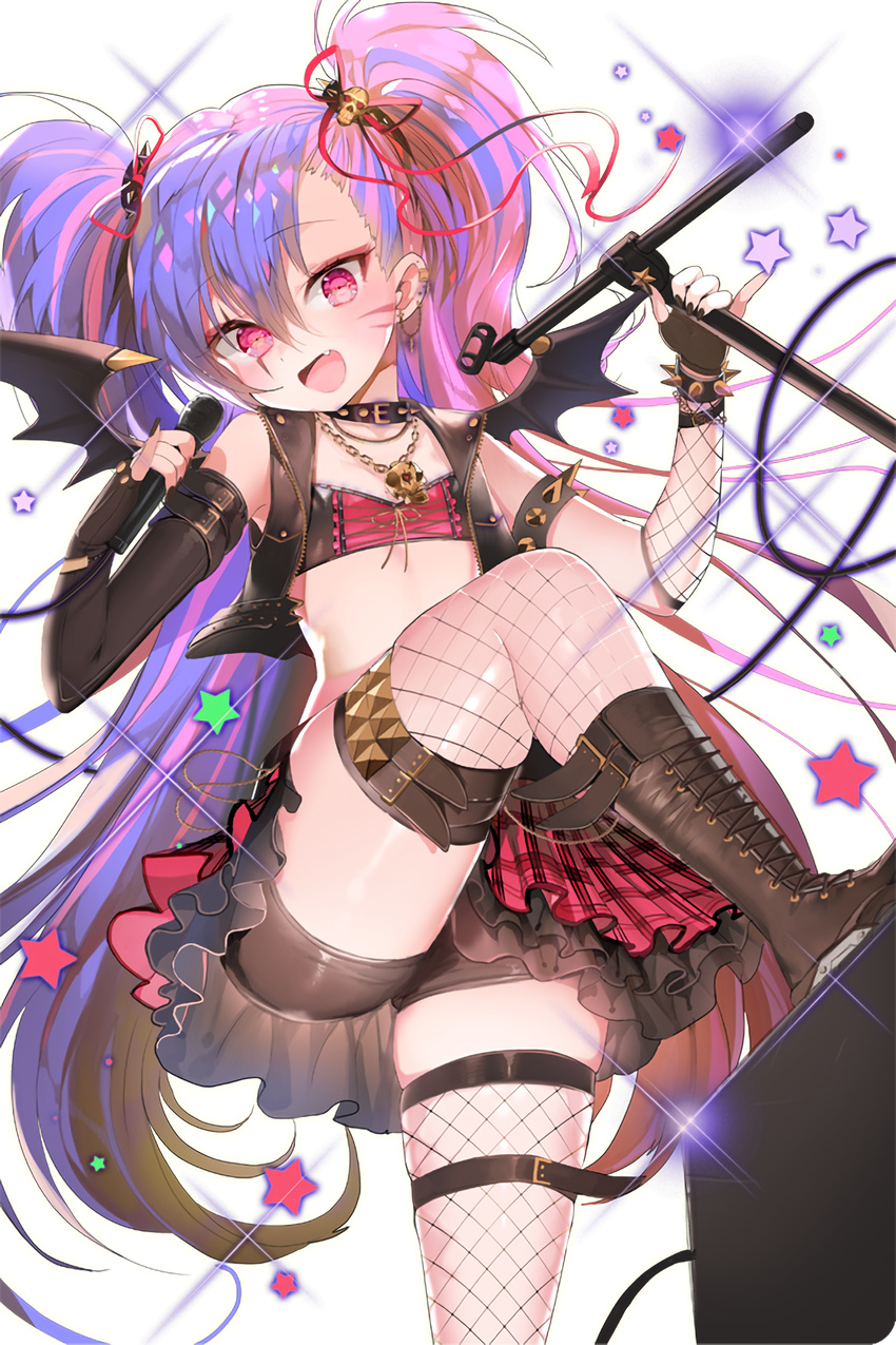 amplifier armlet bat_wings black_nails black_shorts boots bow bracelet brown_footwear choker death_queen earrings fingerless_gloves fishnets flat_chest gloves hair_bow hair_ornament highres instrument jacket jewelry leather leather_jacket looking_at_viewer microphone microphone_stand midriff multicolored_hair nail_polish necklace official_art open_mouth pink_eyes pink_hair pink_skirt pinky_out purple_hair repi short_shorts shorts skirt skull_necklace soccer_spirits spiked_bracelet spikes transparent_background wings