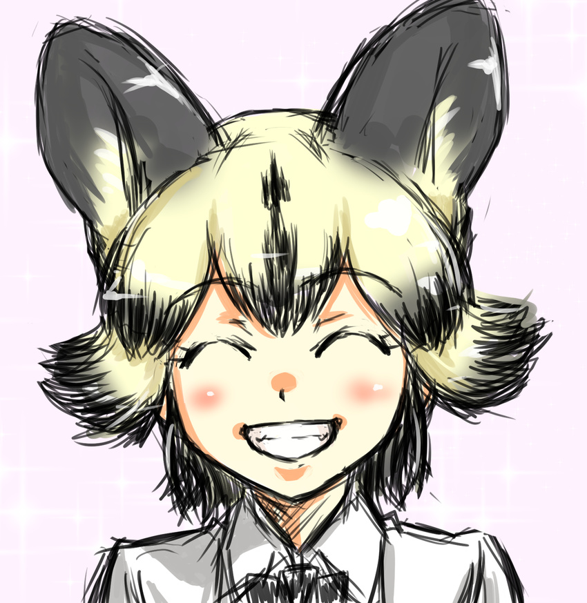 ^_^ african_wild_dog_(kemono_friends) animal_ears black_hair blonde_hair closed_eyes collared_shirt dog_ears extra_ears grin highres kemono_friends multicolored_hair pink_background purin_musha shirt simple_background sketch smile solo two-tone_hair upper_body white_shirt wing_collar