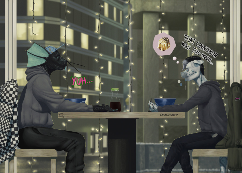 2019 anthro architecture asian_food black_scales blue_eyes chimera christmas_lights claws clothed clothing detailed_background digital_drawing_(artwork) digital_media_(artwork) dishes dragon drooling duo english_text food fur hair hat hi_res hybrid inside invalid_tag jacket male open_mouth public restaurant saliva scales scalie spots spotted_fur table tall_lizzard_(artist) text tongue tongue_out white_fur