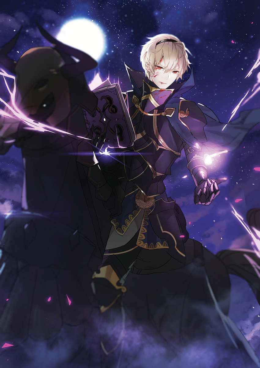 armor armored_boots blonde_hair blood blood_on_face book boots brynhildr_(tome) capelet fire_emblem fire_emblem_heroes fire_emblem_if hairband highres horns horse leon_(fire_emblem_if) male_focus moon night night_sky red_eyes sky solo star_(sky) uwro