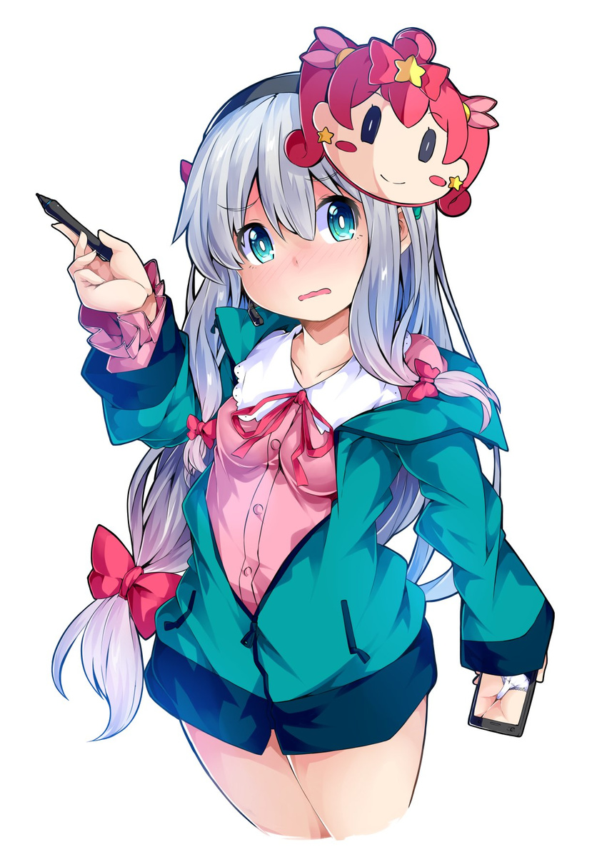 ass blue_eyes blush bow breasts cellphone commentary_request cowboy_shot eromanga_sensei face_mask hair_bow headset highres holding_stylus hood hoodie ishimu izumi_sagiri long_hair long_sleeves looking_at_viewer low-tied_long_hair mask mask_on_head neck_ribbon nose_blush open_clothes open_hoodie pajamas panties pantyshot parted_lips phone red_bow red_ribbon ribbon sidelocks silver_hair small_breasts smartphone solo underwear very_long_hair white_panties