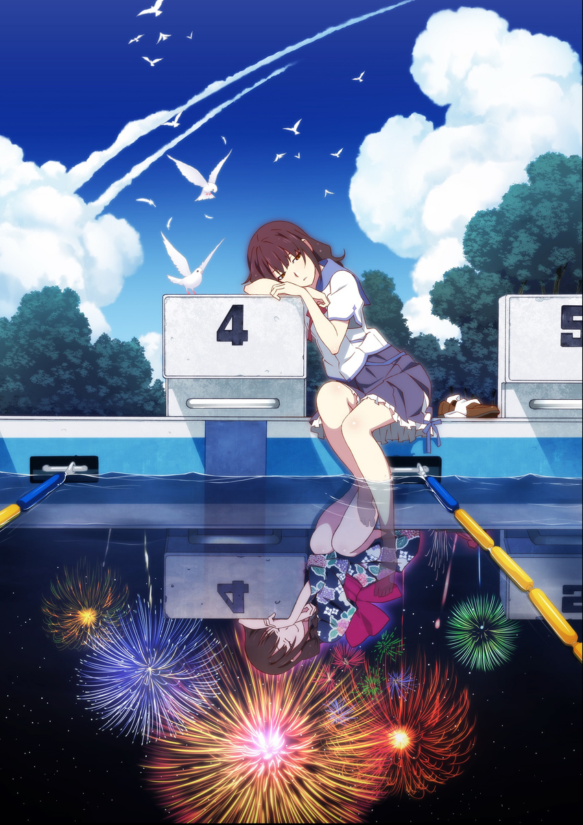 absurdres barefoot bird brown_eyes brown_hair closed_eyes cloud condensation_trail day different_reflection fireworks floral_print half-closed_eyes head_rest highres japanese_clothes kimono lane_line leaning_on_object leaning_to_the_side loafers long_hair night obi official_art oikawa_nazuna parted_lips pool poolside reflection sash school_uniform serafuku shoes shoes_removed sitting skirt sky smile soaking_feet socks socks_removed solo star_(sky) starry_sky starting_block tree uchiage_hanabi_shita_kara_miru_ka?_yoko_kara_miru_ka? upside-down watanabe_akio water wet white_legwear yukata