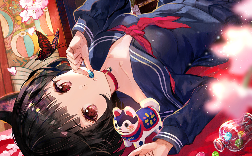 animal_ears black_hair black_skirt cat_ears collar commentary eyebrows_visible_through_hair fuji_choko looking_at_viewer monarch_butterfly neckerchief open_mouth original red_eyes red_neckwear short_hair skirt solo upside-down
