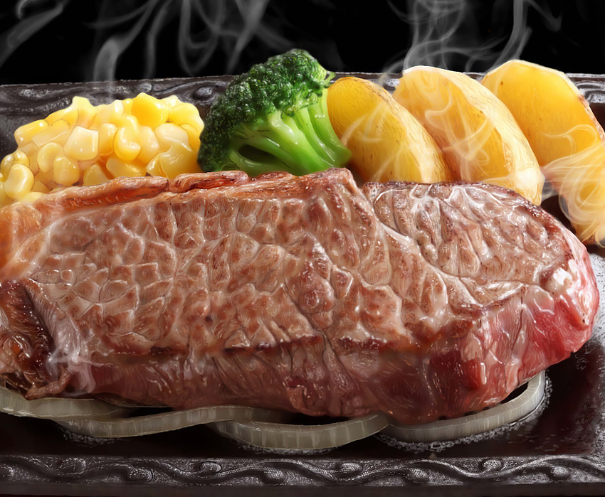 corn derivative_work food hokkaido_(artist) no_humans onion photorealistic potato_wedges realistic steak steam