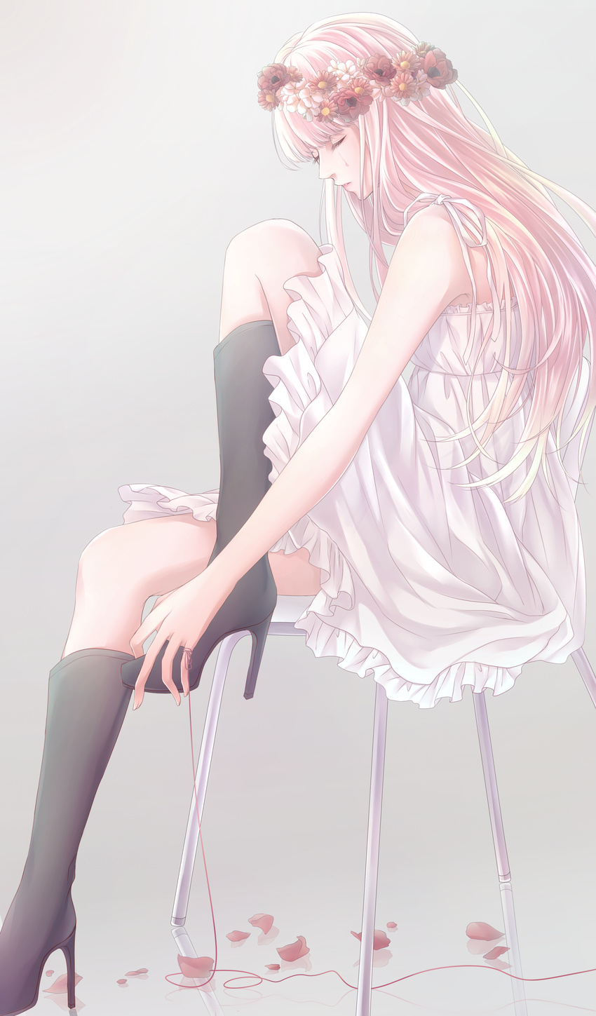 absurdres bangs blunt_bangs boots chair closed_eyes crying dress frilled_dress frills full_body head_wreath high_heel_boots high_heels highres hikako0303 just_be_friends_(vocaloid) knee_boots knee_up long_hair megurine_luka pale_skin petals pink_hair red_string reflection short_dress simple_background sitting sleeveless sleeveless_dress solo string vocaloid white_dress