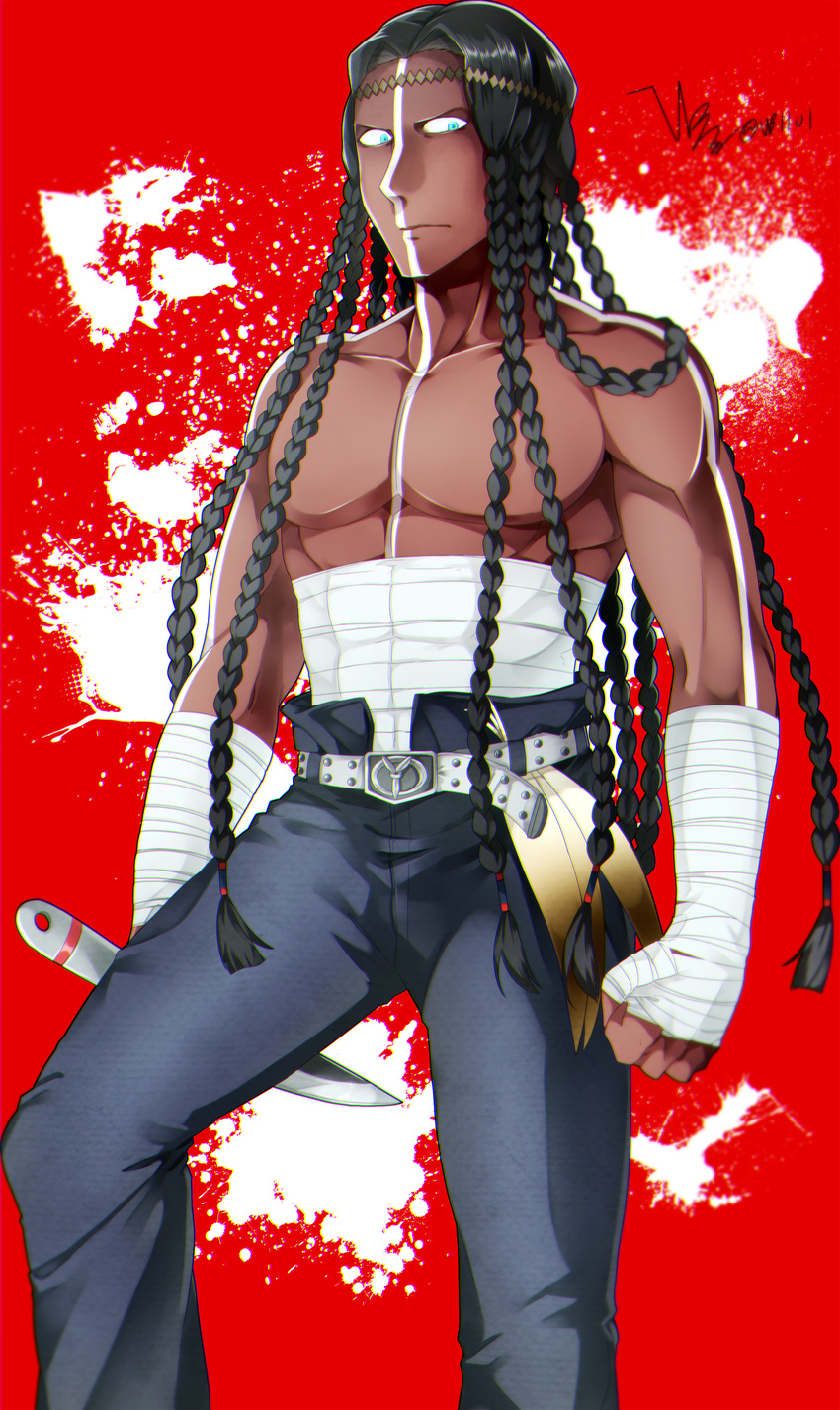 abs absurdres artist_name bandages belt blue_eyes braid brown_hair circlet fate/grand_order fate_(series) feathers geronimo_(fate/grand_order) highres knife long_hair male_focus native_american red_background shirtless simple_background solo tattoo upper_body vandyke_brown