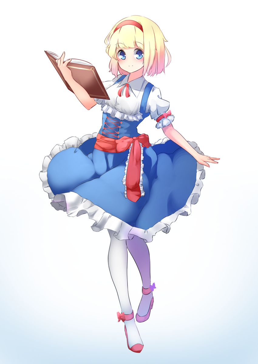 absurdres adapted_costume alice_margatroid arm_garter bad_id bad_pixiv_id bangs blonde_hair blue_dress blue_eyes blush closed_mouth commentary dress frilled_dress frills full_body grimoire_of_alice hairband highres looking_at_viewer pantyhose puffy_short_sleeves puffy_sleeves sash short_hair short_sleeves smile solo touhou white_legwear yusake_san