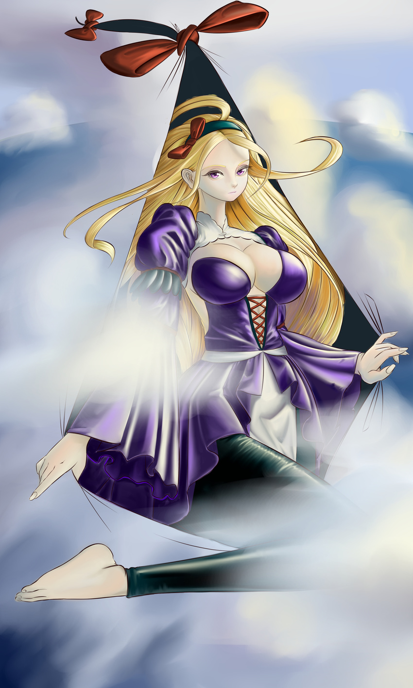 above_clouds absurdres ahoge alternate_headwear azibuda barefoot black_legwear blonde_hair bow breasts cleavage closed_mouth cloud colorized dress expressionless eyes forehead full_body gap hair_bow hairband half-closed_eyes highres large_breasts layered_sleeves long_hair long_sleeves looking_at_viewer puffy_short_sleeves puffy_sleeves purple_dress purple_eyes ribbon short_over_long_sleeves short_sleeves sidelocks sky solo touhou very_long_hair wide_sleeves yakumo_yukari