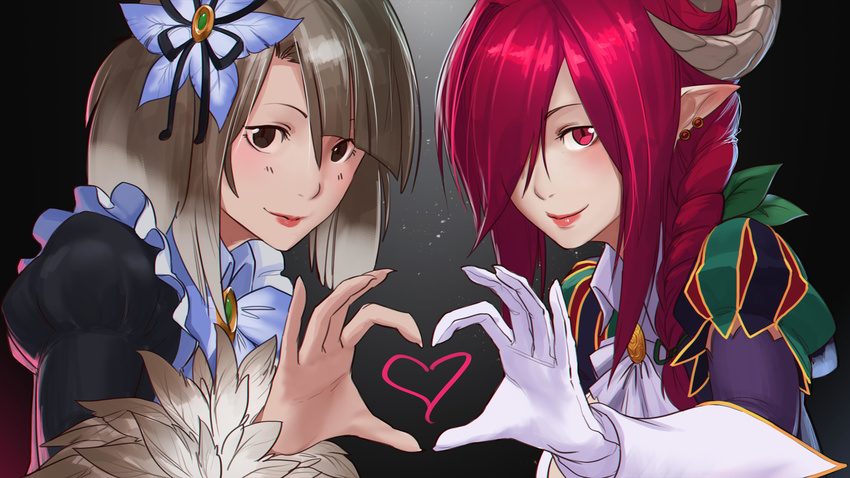 absurdres bangs blunt_bangs braid brown_eyes brown_hair earrings feathers fingernails flower gloves goat_horns hair_flower hair_ornament hair_over_one_eye heart heart_hands heart_hands_duo highres horns jewelry juliet_sleeves kikimora_(monster_girl_encyclopedia) less lips long_hair long_sleeves looking_at_viewer maid monster_girl monster_girl_encyclopedia multiple_girls pink_eyes pink_hair pointy_ears puffy_sleeves satyros_(monster_girl_encyclopedia) sharp_fingernails short_hair smile white_gloves