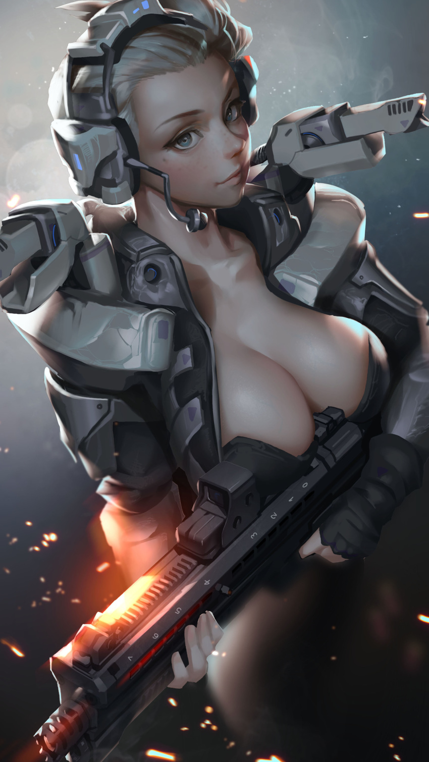 1girl absurdres blue_eyes bo_xun_lin breasts cleavage commentary english_commentary gun hair_pulled_back headset highres large_breasts lips looking_at_viewer military_operator nose original power_armor science_fiction shotgun shoulder_cannon solo uts-15 weapon white_hair
