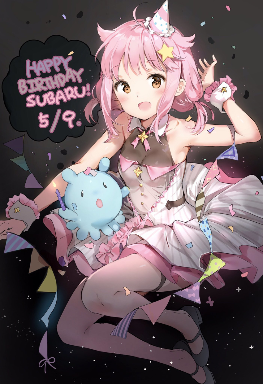 :d anmi arm_up bare_shoulders breasts brown_eyes cleavage confetti dated dress eyebrows_visible_through_hair hair_ornament happy_birthday hat highres houkago_no_pleiades legs_up looking_at_viewer mary_janes mini_hat open_mouth pink_hair shoes short_twintails small_breasts smile solo star star_hair_ornament subaru_(houkago_no_pleiades) thigh_strap twintails wrist_cuffs