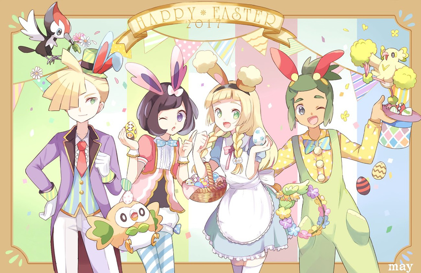 2boys 2girls animal_ears basket black_hair blonde_hair bow bowtie braid brother_and_sister bunny_ears comfey dark_skin dark_skinned_male easter easter_egg egg flower gen_7_pokemon gladio_(pokemon) gloves green_eyes green_hair hair_over_one_eye happy_easter hat hau_(pokemon) lillie_(pokemon) long_hair long_sleeves mei_(maysroom) mizuki_(pokemon) multiple_boys multiple_girls necktie one_eye_closed open_mouth oricorio pants petals pikipek pokemon pokemon_(creature) pokemon_(game) pokemon_sm ponytail rowlet short_hair short_sleeves siblings top_hat twin_braids white_gloves white_pants