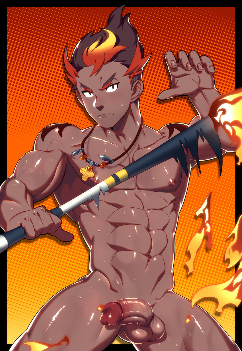 1boy abs blush dark_skin kaki_(pokemon) lvlv male_focus multicolored_hair muscle nipples nude pecs penis pokemon pokemon_sm solo sweat tagme tattoo tattoos testicles uncensored