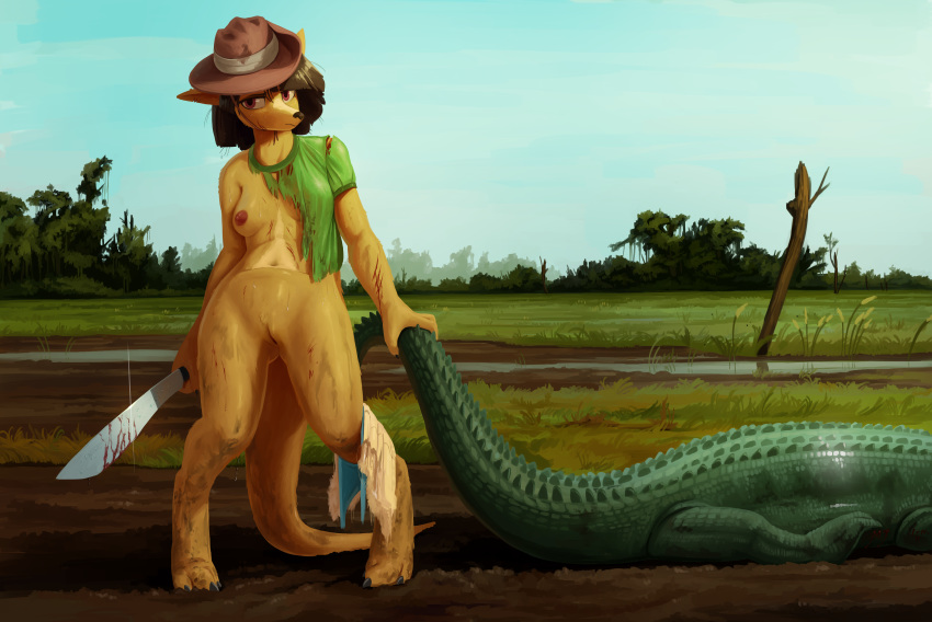 anthro blood bottomless breasts brown_hair clothed clothing crocodile crocodilian female hair hat holding_object holding_weapon kangaroo looking_at_viewer machete mammal marsupial melee_weapon nipples nude pussy reptile scalie standing the-minuscule-task torn_clothing tree weapon