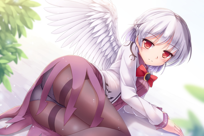 arm_support ass bangs black_legwear blurry bow bowtie braid closed_mouth commentary_request crotch_seam depth_of_field dress eyebrows_visible_through_hair feathered_wings french_braid from_behind highres jacket kishin_sagume leaf long_sleeves looking_at_viewer looking_back lying lzh on_side open_clothes open_jacket panties panties_under_pantyhose pantyhose purple_dress red_bow red_eyes red_neckwear short_dress short_hair silver_hair single_wing smile solo thighband_pantyhose thighs touhou underwear upskirt white_jacket white_wings wings