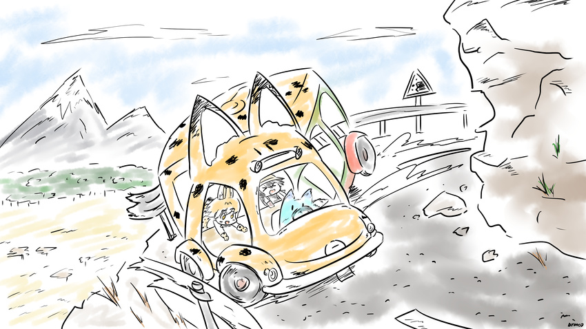 absurdres animal_ears cliff commentary drifting drone0 ground_vehicle guard_rail highres japari_bus kaban_(kemono_friends) kemono_friends lucky_beast_(kemono_friends) motor_vehicle multiple_girls road serval_(kemono_friends) serval_ears shorts