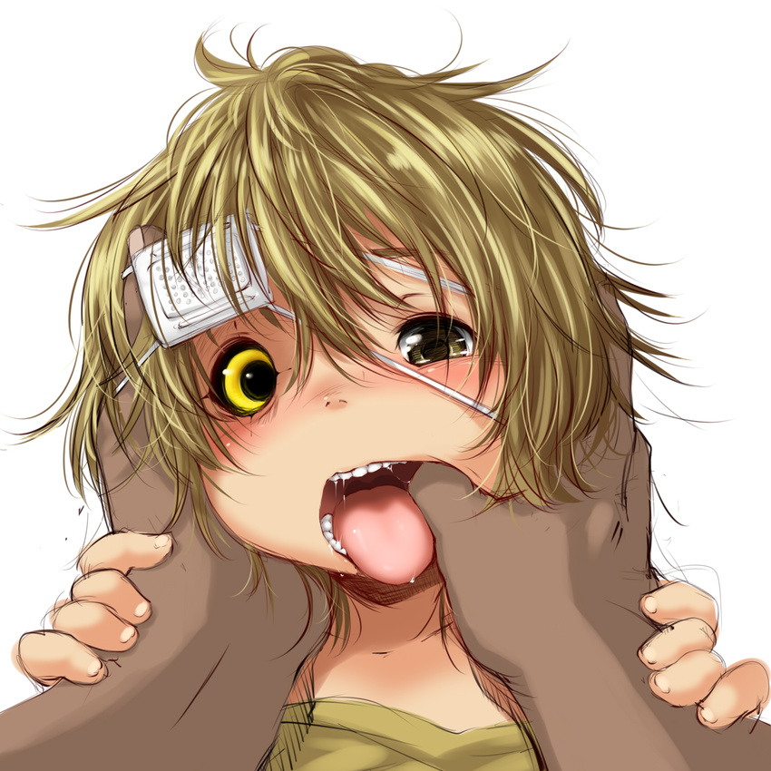 1boy 1girl blonde_hair drooling eyepatch finger_in_mouth heterochromia medical_eyepatch messy_hair mouth_pull open_mouth original pov rai-rai saliva short_hair simple_background teeth tongue tongue_out uvula white_background yellow_eyes
