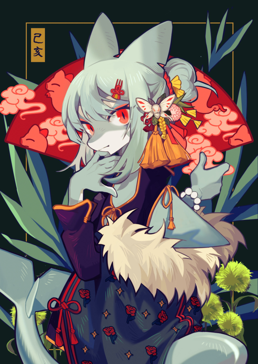 1girl bug chinese_clothes commentary english_commentary fins flat_chest grey_hair grey_skin hair_bun hair_ornament hair_scrunchie hairclip highres insect looking_at_viewer moth original red_eyes rye-beer scrunchie shark_girl shark_tail short_hair sidelocks slit_pupils solo
