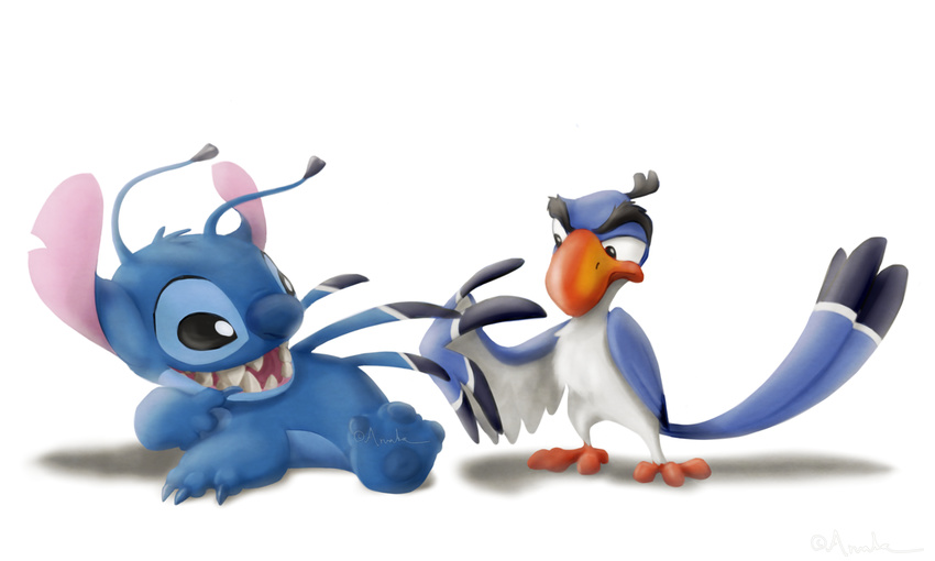 2014 3_toes alien antennae arvata avian beak bird black_eyes blue_claws blue_feathers blue_fur blue_nose claws crossover digital_media_(artwork) disney duo experiment_(species) feathers fur head_tuft hornbill lilo_and_stitch multicolored_feathers notched_ear open_mouth open_smile orange_beak pointing signature simple_background smile spines stitch the_lion_king toes tuft unamused watermark white_background white_feathers zazu