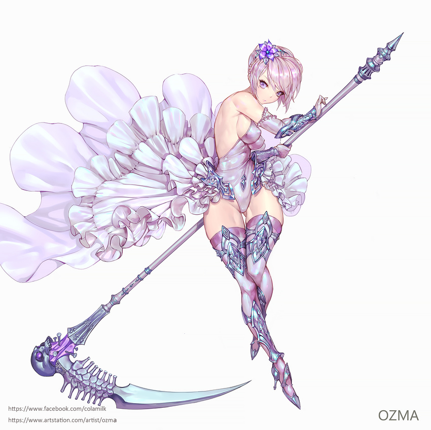 armor artstation_username ass_visible_through_thighs bangs braid breasts closed_mouth covered_navel covered_nipples crown_braid eyelashes facebook_username flower frilled_skirt frills full_body groin hair_bun hair_flower hair_ornament high_heels highleg highleg_leotard highres holding holding_scythe holding_weapon legs_together leotard looking_at_viewer medium_breasts original ozma parted_lips polearm purple_eyes purple_legwear purple_lips scythe short_hair showgirl_skirt simple_background skirt solo spear strapless strapless_leotard swept_bangs thigh_gap thighhighs watermark weapon web_address white_background white_leotard white_skirt