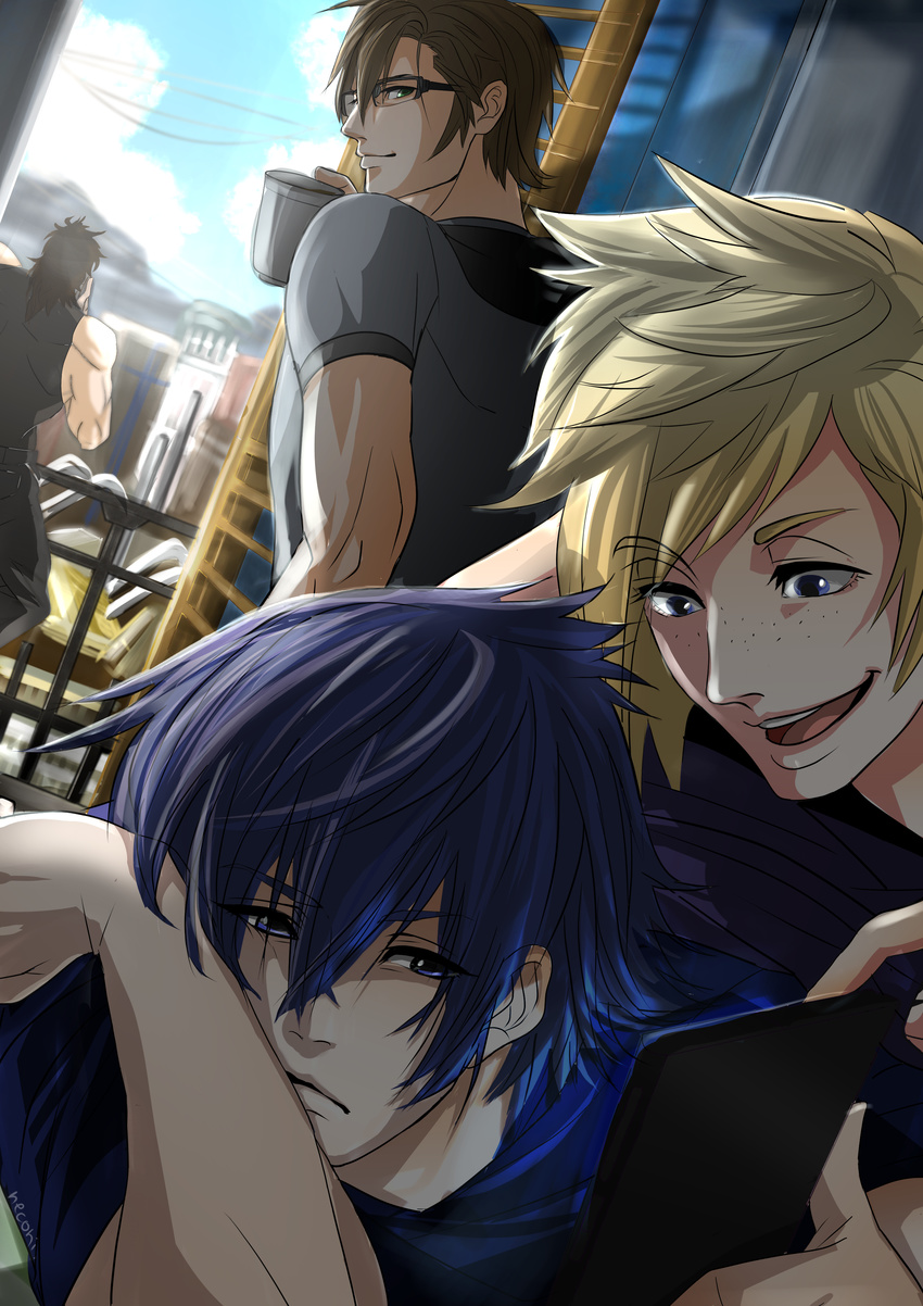 absurdres blonde_hair blue_eyes blue_hair brown_hair cellphone cup dutch_angle final_fantasy final_fantasy_xv gladiolus_amicitia glasses highres ignis_scientia male_focus morning multiple_boys nekonii noctis_lucis_caelum phone prompto_argentum smartphone window