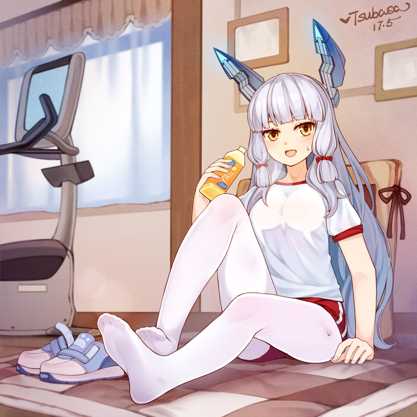 :d absurdres alternate_costume arm_at_side artist_name bangs blanket blue_footwear blunt_bangs blush bottle breasts breath commentary_request curtains dated eyebrows_visible_through_hair feet fingernails foreshortening full_body hair_ribbon headgear highres holding holding_bottle indoors kantai_collection long_hair looking_at_viewer medium_breasts murakumo_(kantai_collection) open_mouth pantyhose pantyhose_under_buruma picture_frame pillow red_ribbon red_shorts ribbon shirt shoes shoes_removed short_sleeves shorts silver_hair smile soles sportswear sweat treadmill tress_ribbon tsubasa_tsubasa tsurime very_long_hair white_legwear white_shirt window