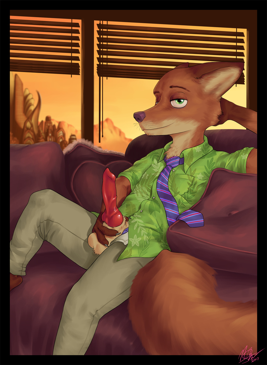 2017 anatomically_correct animal_genitalia animal_penis balls black_claws canine canine_penis claws clothed clothing disney erection fox fur green_eyes male mammal nick_wilde orange_fur partially_clothed penis pinup pose rodenbeard whiskers zootopia