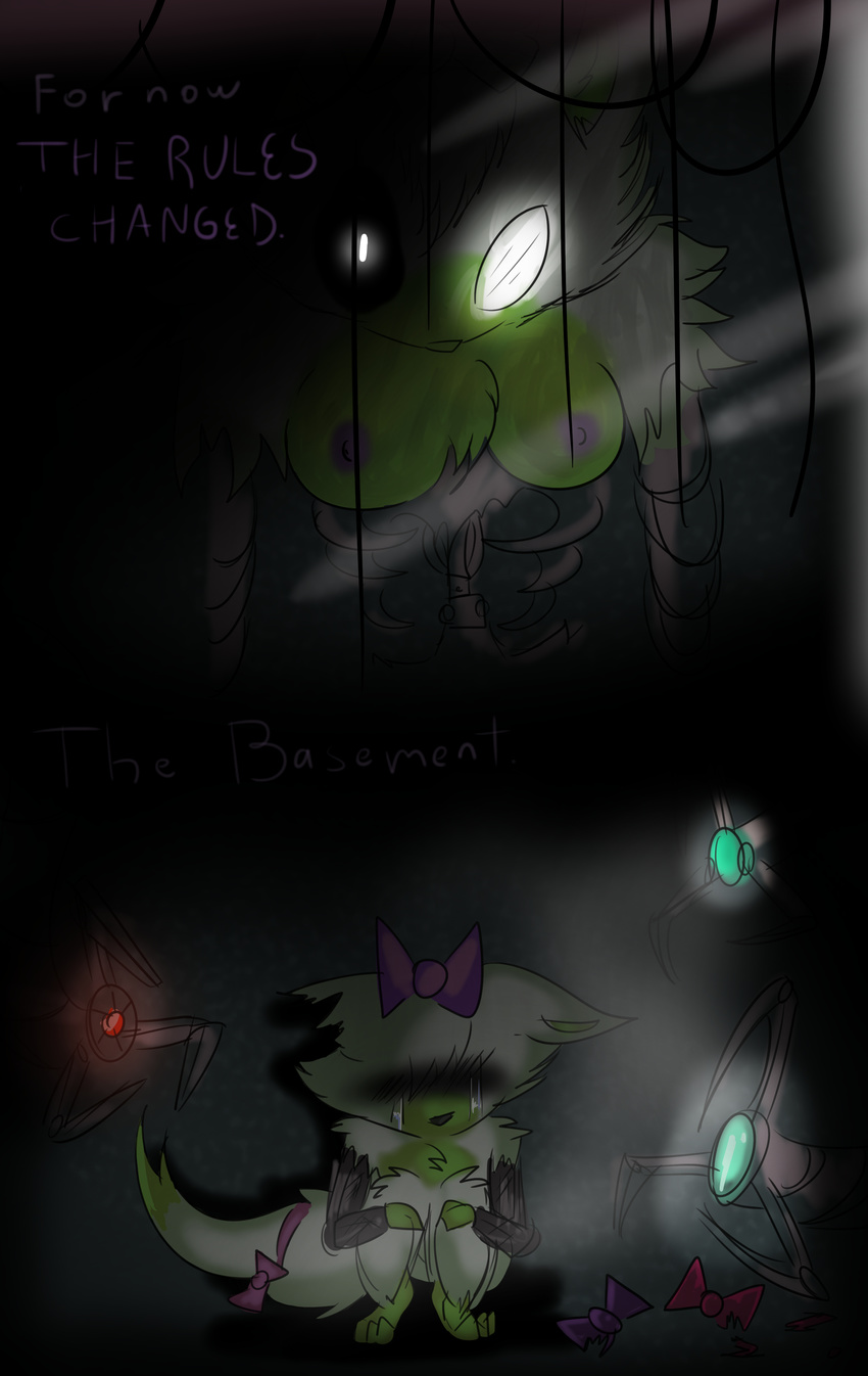 2017 animatronic anthro areola black_nose bow bow_tie breasts canine crying digital_media_(artwork) duo e-01 english_text female five_nights_at_freddy's five_nights_at_freddy's_world fox fur glowing glowing_eyes green_fur hair looking_at_viewer machine mammal multicolored_fur nipples nude purple_nipples ribbons robot simple_background size_difference tail_bow tail_ribbon tangle_(fnaf) tears tentacles text two_tone_fur unfinished video_games white_fur wire wounded