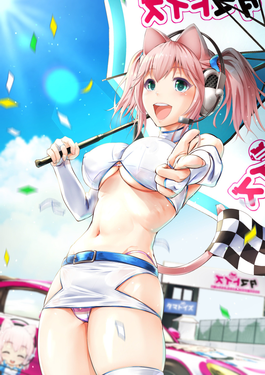 1girl absurdres animal_ears blush boots breasts cat_ears cat_tail crop_top erect_nipples ganari_ryuu gloves green_eyes ground_vehicle headphones headset highres hip_vent large_breasts long_hair looking_at_viewer midriff motor_vehicle navel open_mouth original panties pink_hair race_queen smile solo super_tama_musume tail tamatoys thigh_boots thighhighs umbrella underboob underwear