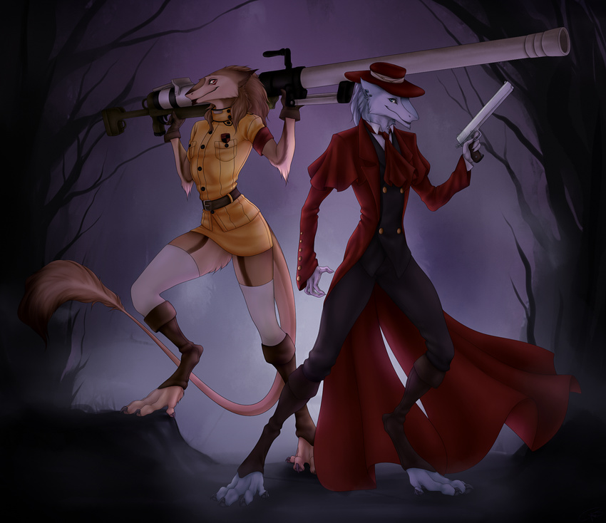 brown_fur brown_hair charlottechambers clothed clothing detailed_background digital_media_(artwork) digitigrade fur hair holding_object holding_weapon sergal smile weapon white_fur white_hair