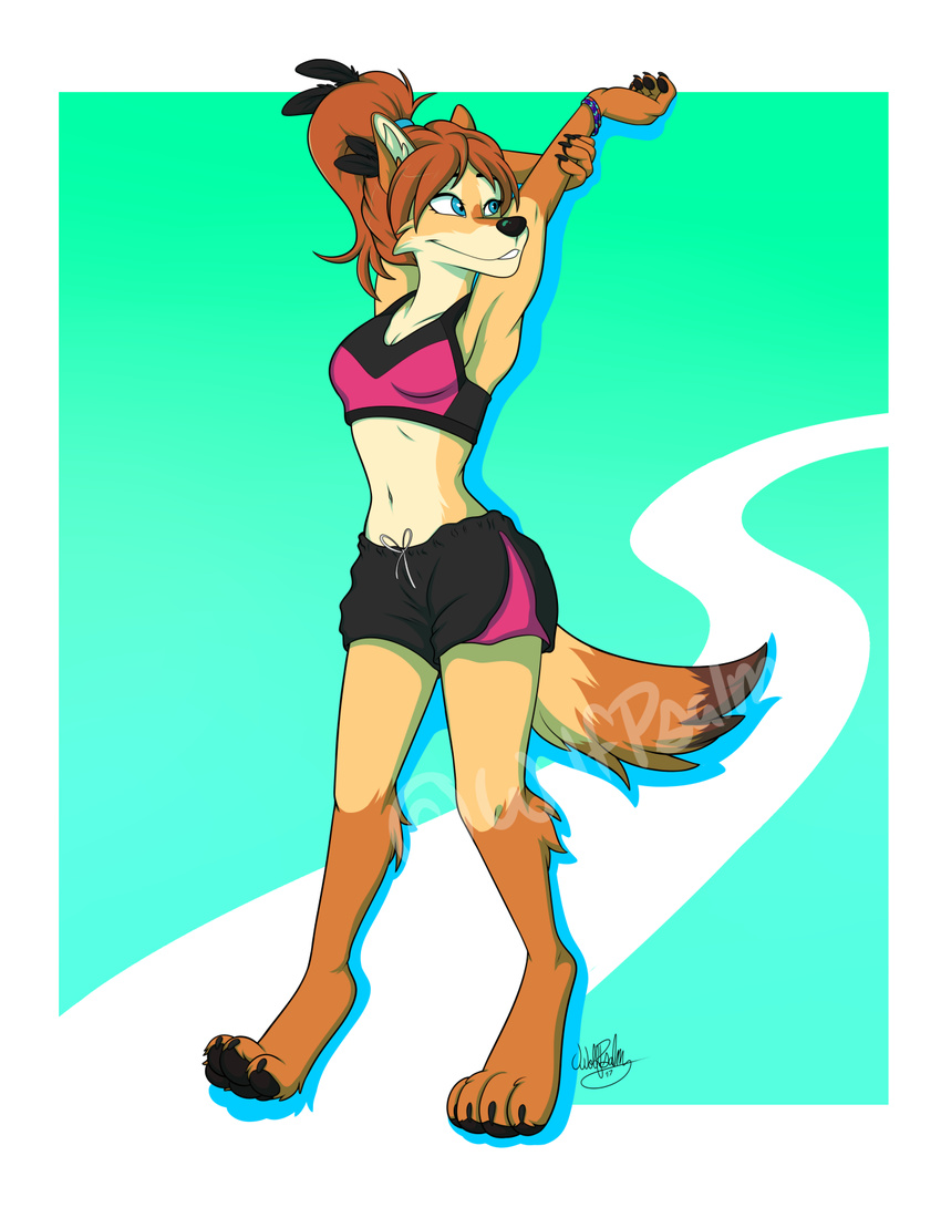anthro bra canine clothed clothing coyote digital_media_(artwork) female hair kohi_(waruikoohii) long_hair mammal partially_clothed solo sports_bra underwear wolfpsalm
