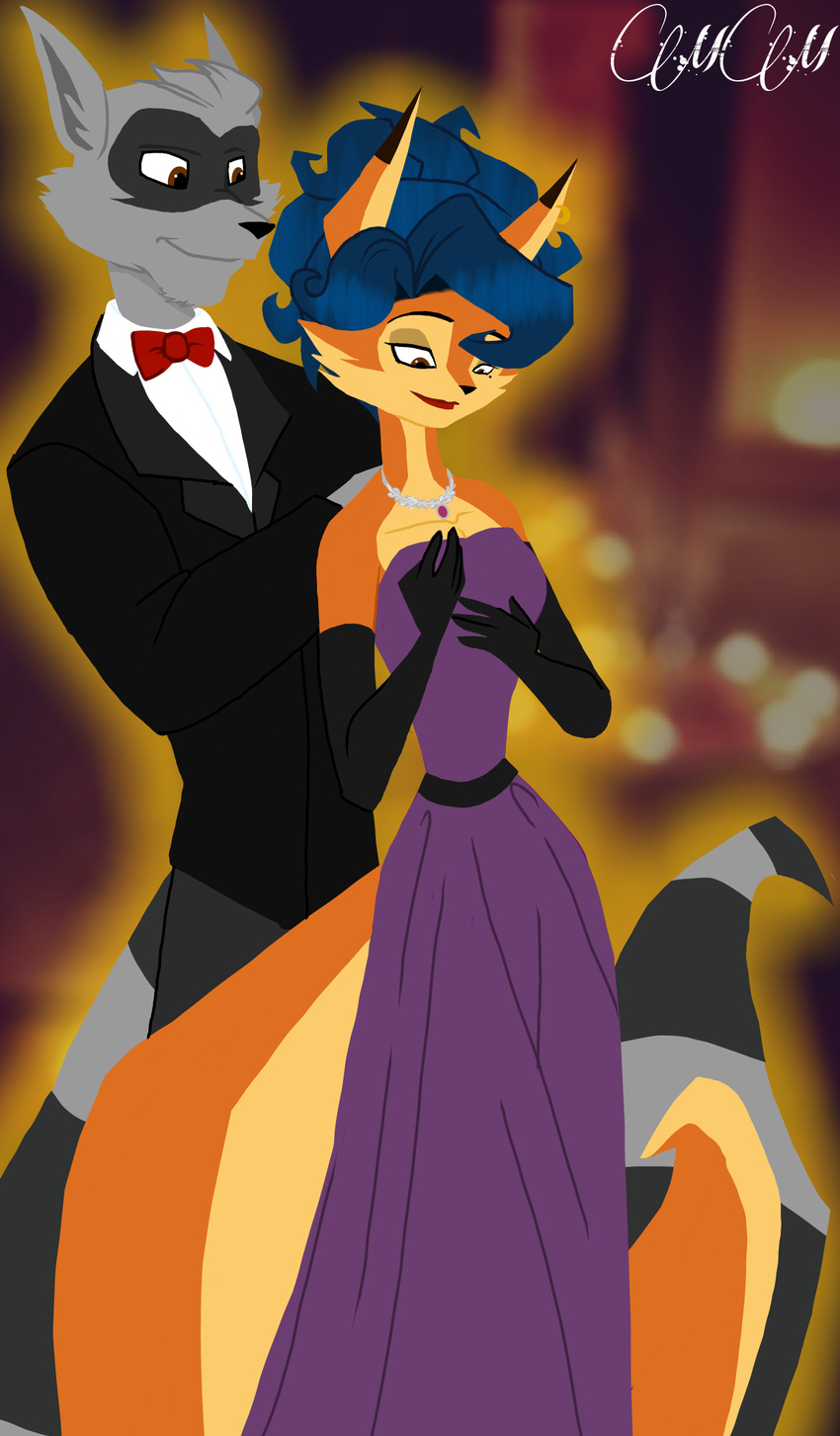 anthro blue_hair bow canine carmelita_fox clothed clothing ear_piercing female fox hair male mammal mimisia2367pony piercing raccoon sly_cooper sly_cooper_(series) video_games
