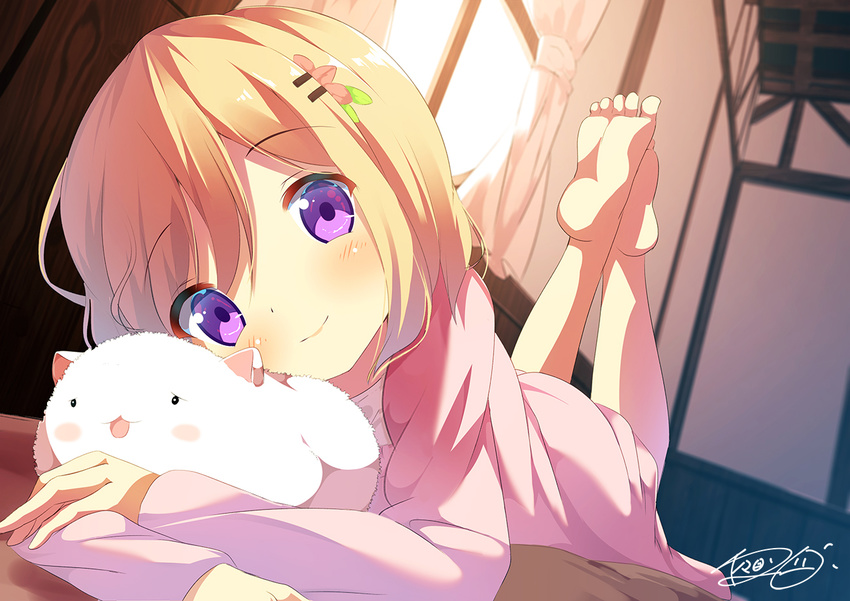 angora_rabbit bangs barefoot bed_sheet blush blush_stickers bunny ceiling chinomaron closed_mouth commentary_request crossed_arms curtains day dutch_angle eyebrows_visible_through_hair feet_up full_body gochuumon_wa_usagi_desu_ka? hair_ornament hairclip hoto_cocoa hug indoors jacket long_sleeves looking_at_viewer lying no_legwear on_stomach open_mouth orange_hair pink_jacket purple_eyes shirt short_hair signature smile soles tippy_(gochiusa) wall white_shirt window