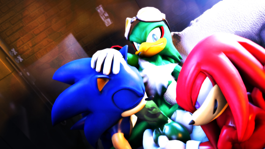 3d_(artwork) balls clothing digital_media_(artwork) eyewear feathers fondling fur gloves goggles jet_the_hawk knuckles_the_echidna male male/male mammal oral penis sonic_(series) sonic_riders sonic_the_hedgehog sonicfoxhound source_filmmaker