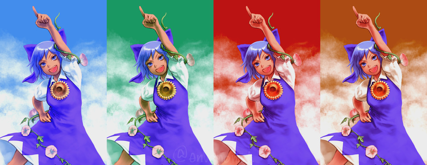 :d arm_up blue_bow blue_dress blue_eyes blue_hair blue_sky bow brown_sky cirno cloud cowboy_shot dress flower gengoroumaru_(ambidextrous) green_sky hair_bow hand_on_hip hidden_star_in_four_seasons highres index_finger_raised looking_at_viewer morning_glory open_mouth puffy_short_sleeves puffy_sleeves red_sky short_hair short_sleeves sky smile sunflower tan tanned_cirno touhou v-shaped_eyebrows variations