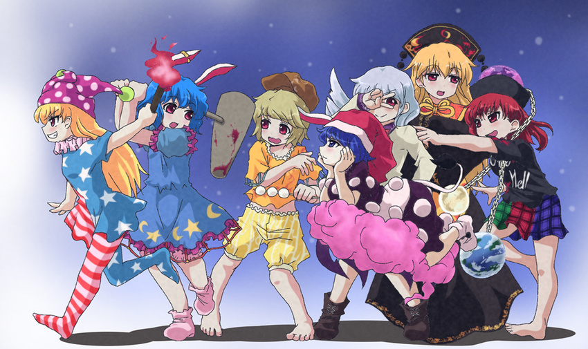 &gt;:) :d :o akuto ambiguous_red_liquid american_flag_dress american_flag_legwear barefoot blonde_hair blue_eyes blue_hair boots clothes_writing cloud clownpiece commentary_request d: doremy_sweet dress earth_(ornament) grin hat headdress hecatia_lapislazuli jacket japanese_clothes jester_cap junko_(touhou) kimono kishin_sagume legacy_of_lunatic_kingdom moon_(ornament) multiple_girls neck_ruff open_mouth polka_dot purple_eyes red_eyes red_hair ringo_(touhou) seiran_(touhou) shirt shorts silver_hair single_wing skirt smile smug socks t-shirt torch touhou v-shaped_eyebrows v_over_eye wings