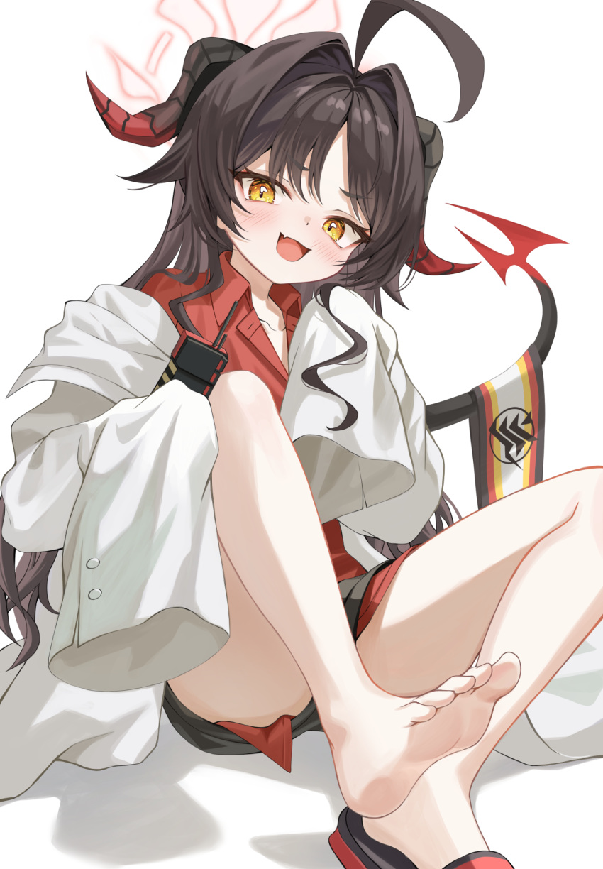 1girl ahoge ass black_hair black_horns black_shorts black_tail blue_archive blush coat collared_shirt demon_horns fang halo heunggugi highres horns kasumi_(blue_archive) lab_coat long_hair looking_at_viewer open_mouth red_halo red_shirt shirt shirt_tucked_in shorts simple_background skin_fang sleeves_past_fingers sleeves_past_wrists smile soles solo toes walkie-talkie white_background white_coat yellow_eyes