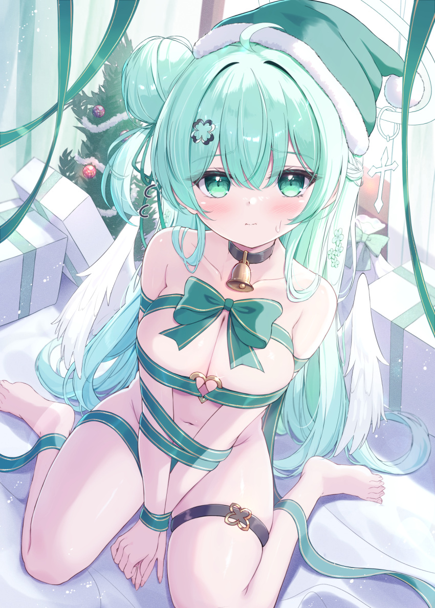 1girl angel angel_wings barefoot bell black_choker blush box breasts choker christmas christmas_tree closed_mouth commentary gift gift_box green_eyes green_hair green_headwear green_ribbon hair_bun hair_ornament halo hat highres large_breasts long_hair looking_at_viewer mikaze_oto naked_ribbon navel neck_bell original ribbon santa_hat single_hair_bun single_side_bun sitting solo symbol-only_commentary toenails toes very_long_hair white_halo white_wings wings