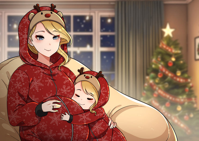 2girls absurdres animal_costume antlers azur_lane blonde_hair blue_eyes breasts canned_sardines christmas christmas_ornaments christmas_tree closed_eyes closed_mouth commission hair_over_shoulder highres hood hood_(azur_lane) hooded_jacket jacket jewelry large_breasts light_brown_hair long_sleeves mother_and_daughter multiple_girls pregnant red_jacket reindeer_antlers reindeer_costume ring wedding_ring