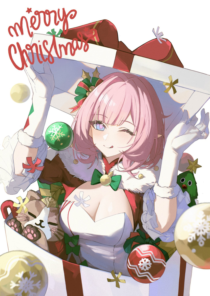 1girl ;p blue_eyes box breasts cat cleavage commentary elbow_gloves elysia_(honkai_impact) english_commentary fur-trimmed_gloves fur_trim gift gift_box gloves highres honkai_(series) honkai_impact_3rd in_box in_container large_breasts long_hair looking_at_viewer merry_christmas one_eye_closed pink_hair pink_pupils simple_background solo tongue tongue_out tutou_jiang white_background white_gloves