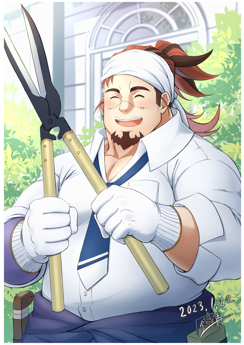 1boy :d absurdres bags_under_eyes bara belly blush boogeyman_(housamo) brown_hair collared_shirt colored_skin cowboy_shot facial_hair farmer goatee happy head_scarf highres holding long_sideburns loose_necktie male_focus mature_male multicolored_hair mustache_stubble necktie pectoral_cleavage pectorals plump purple_skin red_eyes sabita_kan scar scar_on_face shirt sideburns smile solo thick_eyebrows tokyo_afterschool_summoners two-tone_hair