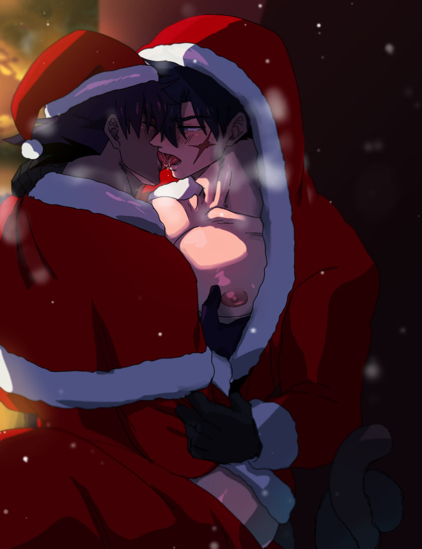 2boys anamogu_(kuro771017) bara bardock black_hair blush christmas couple dark-skinned_male dark_skin dragon_ball dragon_ball_z foreplay french_kiss from_side gloves grabbing hat highres hood hood_up kiss large_pectorals male_focus mature_male monkey_tail multiple_boys muscular muscular_male nipples pectoral_grab pectorals red_headwear santa_costume santa_gloves santa_hat scar scar_on_cheek scar_on_face short_hair snowing spiked_hair tail thick_eyebrows tongue tongue_out tullece yaoi