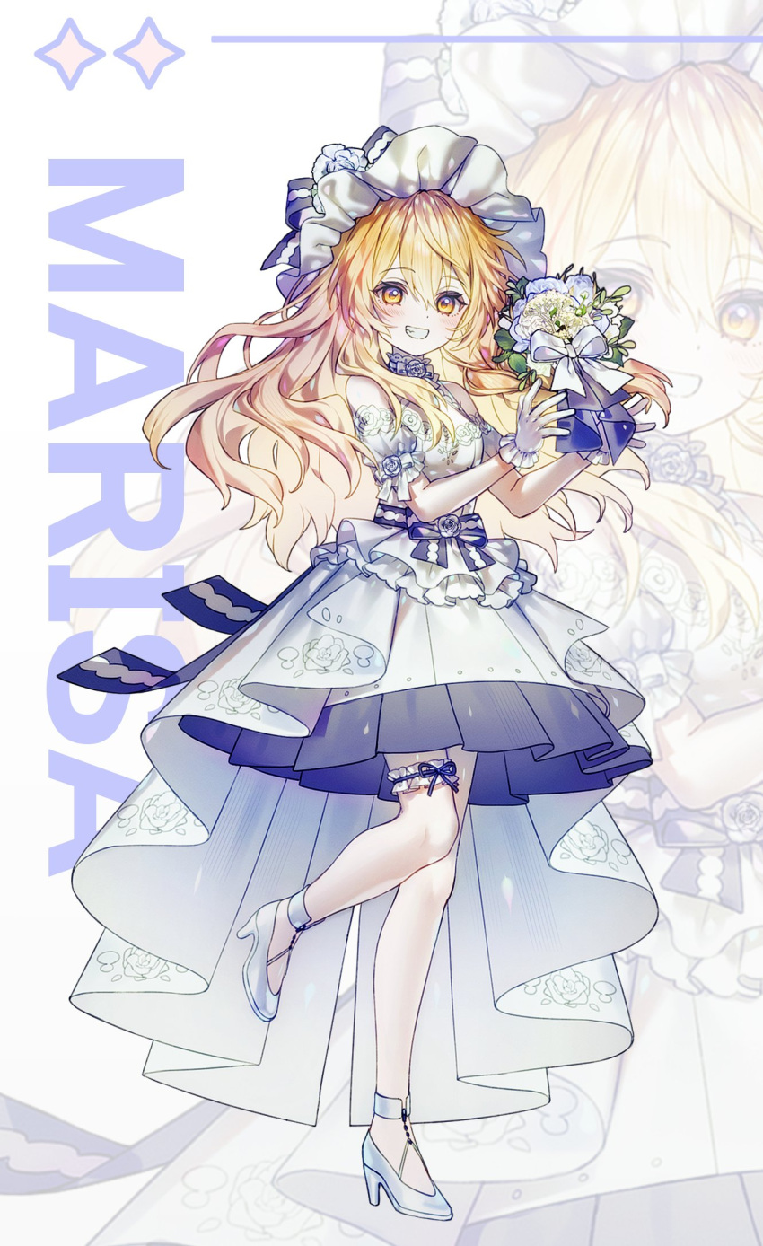 1girl alternate_costume blonde_hair blush bouquet character_name commentary dress flower frilled_gloves frilled_hat frilled_sleeves frills full_body gloves hair_between_eyes hat here_(hr_rz_ggg) highres holding holding_bouquet holding_flower kirisame_marisa leg_up looking_at_viewer puffy_short_sleeves puffy_sleeves short_sleeves simple_background smile solo standing standing_on_one_leg strappy_heels thigh_strap thighhighs top_hat touhou white_background white_dress white_gloves white_thighhighs yellow_eyes
