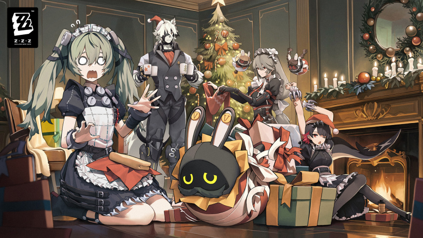 1boy 3girls alexandrina_sebastiane apron arms_up bangboo_(zenless_zone_zero) black_hair black_socks black_thighhighs brown_hair chair christmas_ornaments christmas_present christmas_tree corin_wickes cup ellen_joe fins fish_tail gift green_hair hair_between_eyes hat highres holding holding_cup long_sleeves maid maid_apron maid_headdress multicolored_hair multiple_girls o_o official_art one_eye_closed open_mouth puffy_long_sleeves puffy_short_sleeves puffy_sleeves red_eyes red_hair santa_hat shark_girl shark_tail short_hair short_sleeves sitting socks stretching sweatdrop swept_bangs tail thighhighs twintails von_lycaon wariza wolf_boy wrist_cuffs yawning zenless_zone_zero