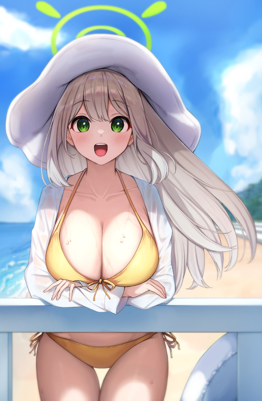 1girl absurdres beach bikini blue_archive blush breasts cleavage collarbone day front-tie_bikini_top front-tie_top green_eyes green_halo halo hat highres large_breasts light_brown_hair long_hair long_sleeves looking_at_viewer nonomi_(blue_archive) nonomi_(swimsuit)_(blue_archive) ocean official_alternate_costume open_mouth outdoors qoray7 shirt side-tie_bikini_bottom solo swimsuit teeth upper_teeth_only white_headwear white_shirt yellow_bikini