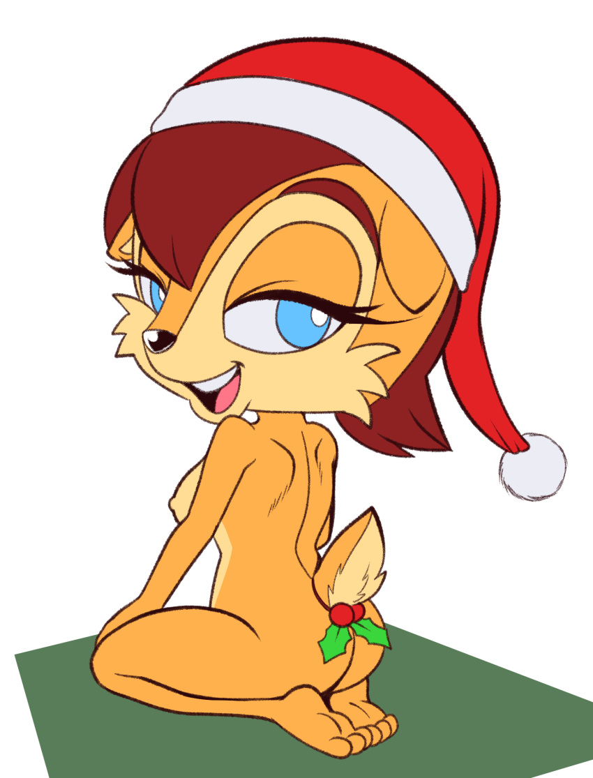 anthro archie_comics blue_eyes breasts butt chipmunk christmas christmas_clothing christmas_headwear clothing feet female fours_(artist) fur ground_squirrel hair hat headgear headwear hi_res holidays holly_(plant) kneeling looking_at_viewer mammal orange_body orange_fur plant red_hair rodent sally_acorn santa_hat sciurid sega small_feet solo sonic_the_hedgehog_(archie) sonic_the_hedgehog_(comics) sonic_the_hedgehog_(series)