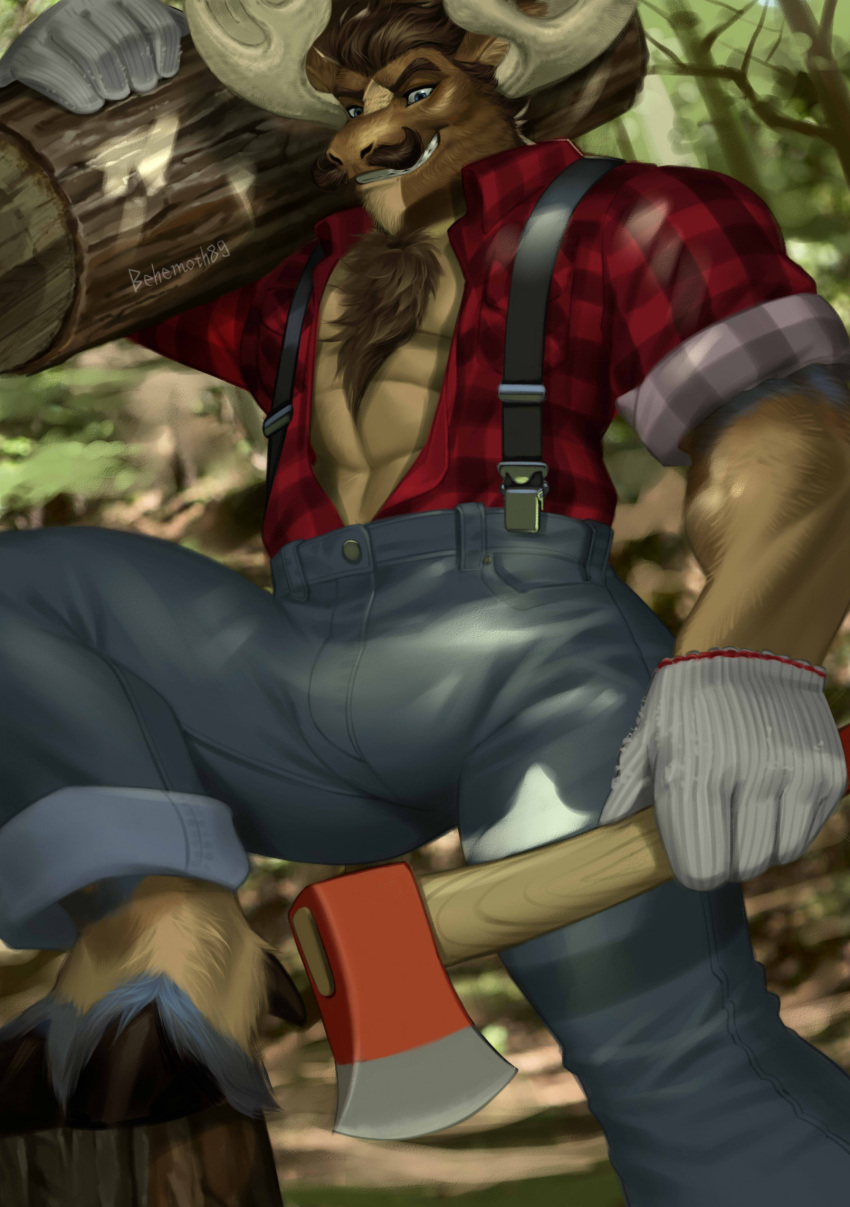 abs anthro antlers axe behemoth89 body_hair chest_hair clothed clothing deer diffuse_moose facial_hair hi_res hooves horn log male mammal moose muscular muscular_anthro muscular_male mustache new_world_deer pecs solo wood